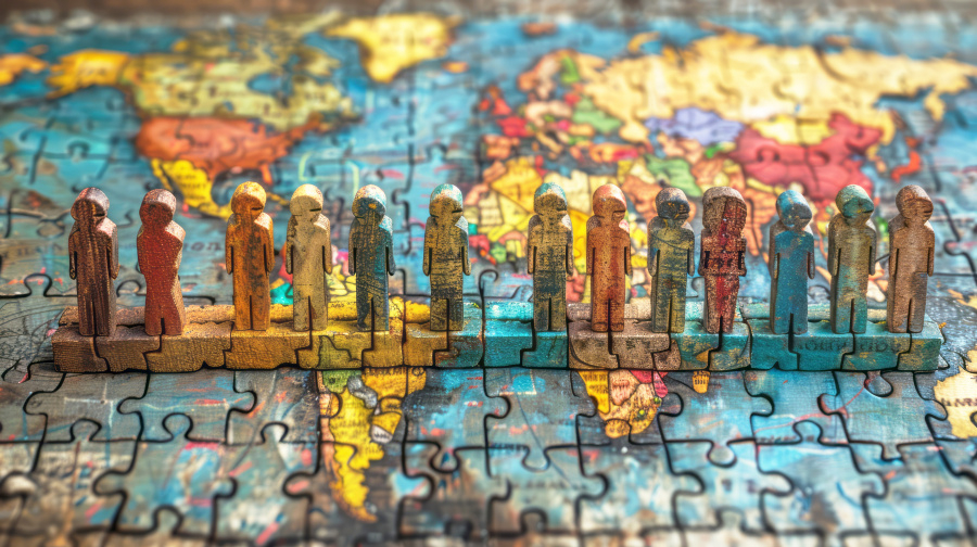 Holzfiguren stehen auf Puzzleteilen vor einer Weltkarte.